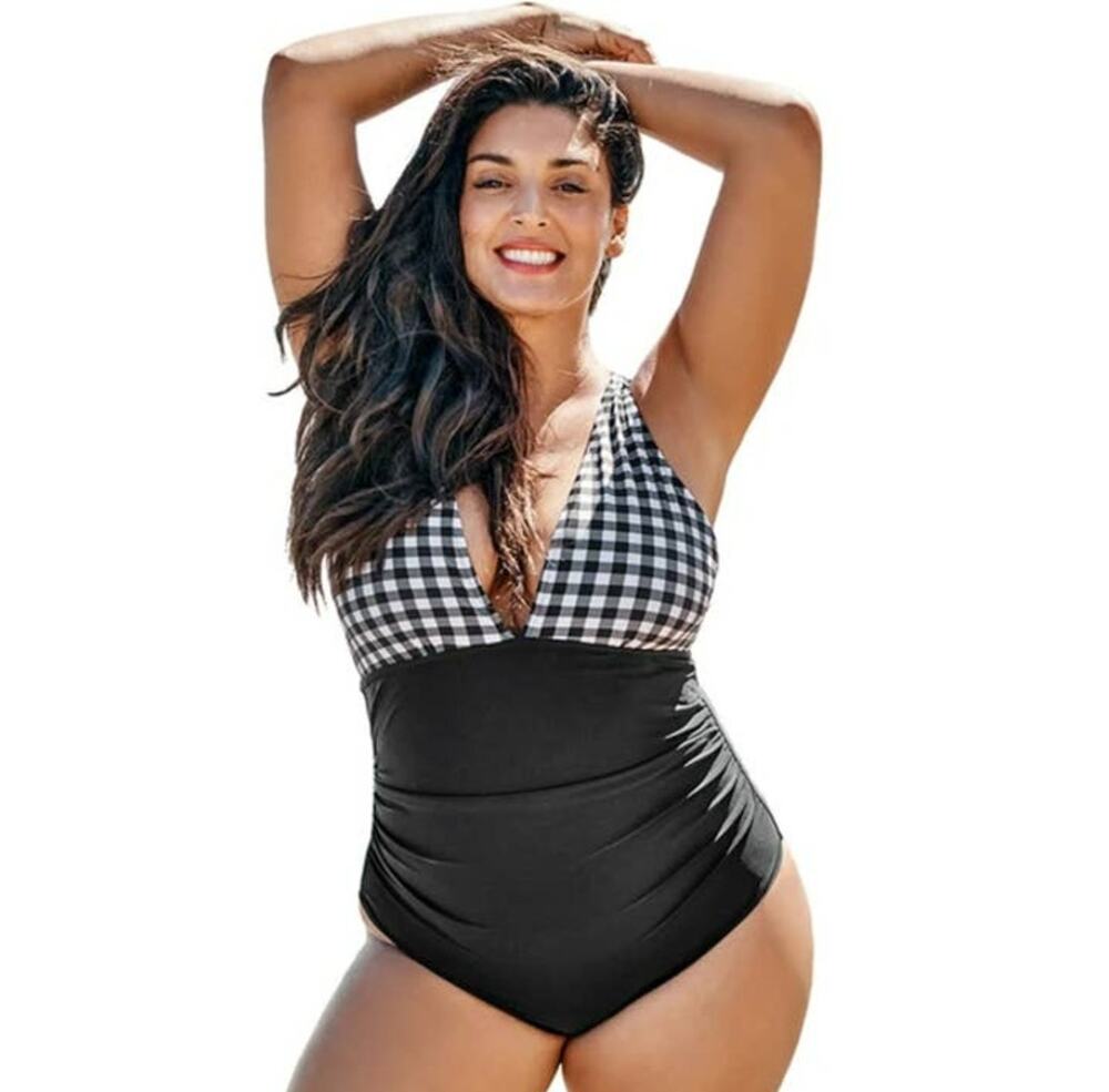 NWT Cupshe Womens Sz 0X Black White Gingham One Piece Swimsuit Ruching